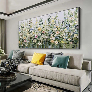 Textured impasto painting: Spring Meadow floral artwork with cream, pink, yellow roses, wildflowers, showcasing depth.