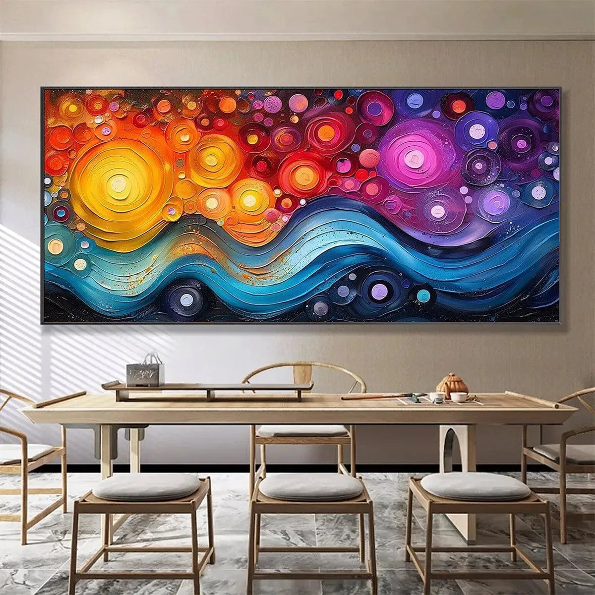 COSMIC WHIRL abstract painting by Willow Davies, impasto texture, vibrant swirls of warm colors blending into blue waves.