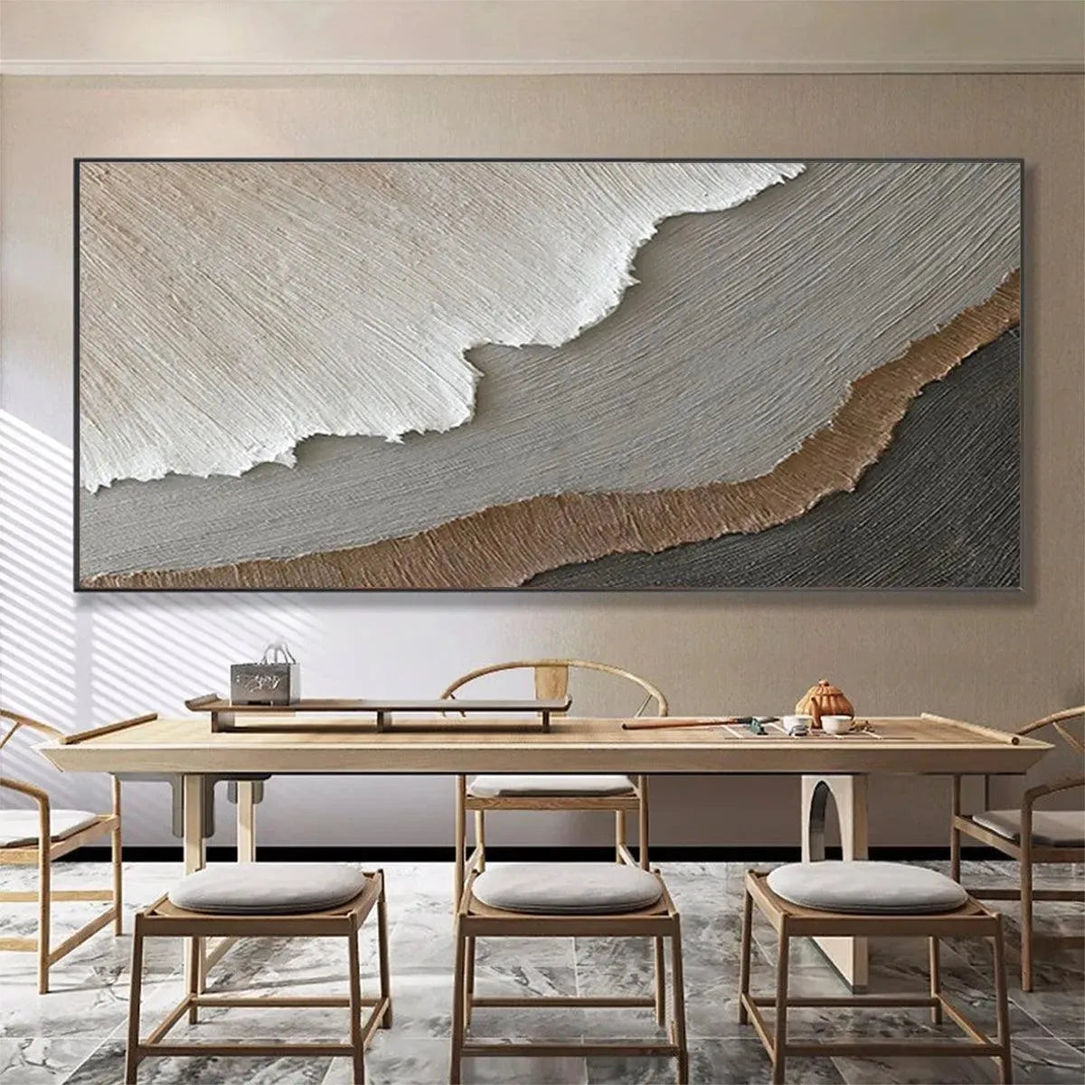 Textured abstract landscape painting "Earth Tones" by Liam O'Connell in beige, grey, and brown, displayed in a room.