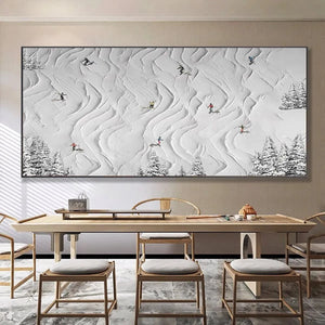 Textured white painting 'Snowy Carve' shows skiers on abstract snowy slopes with pine trees.