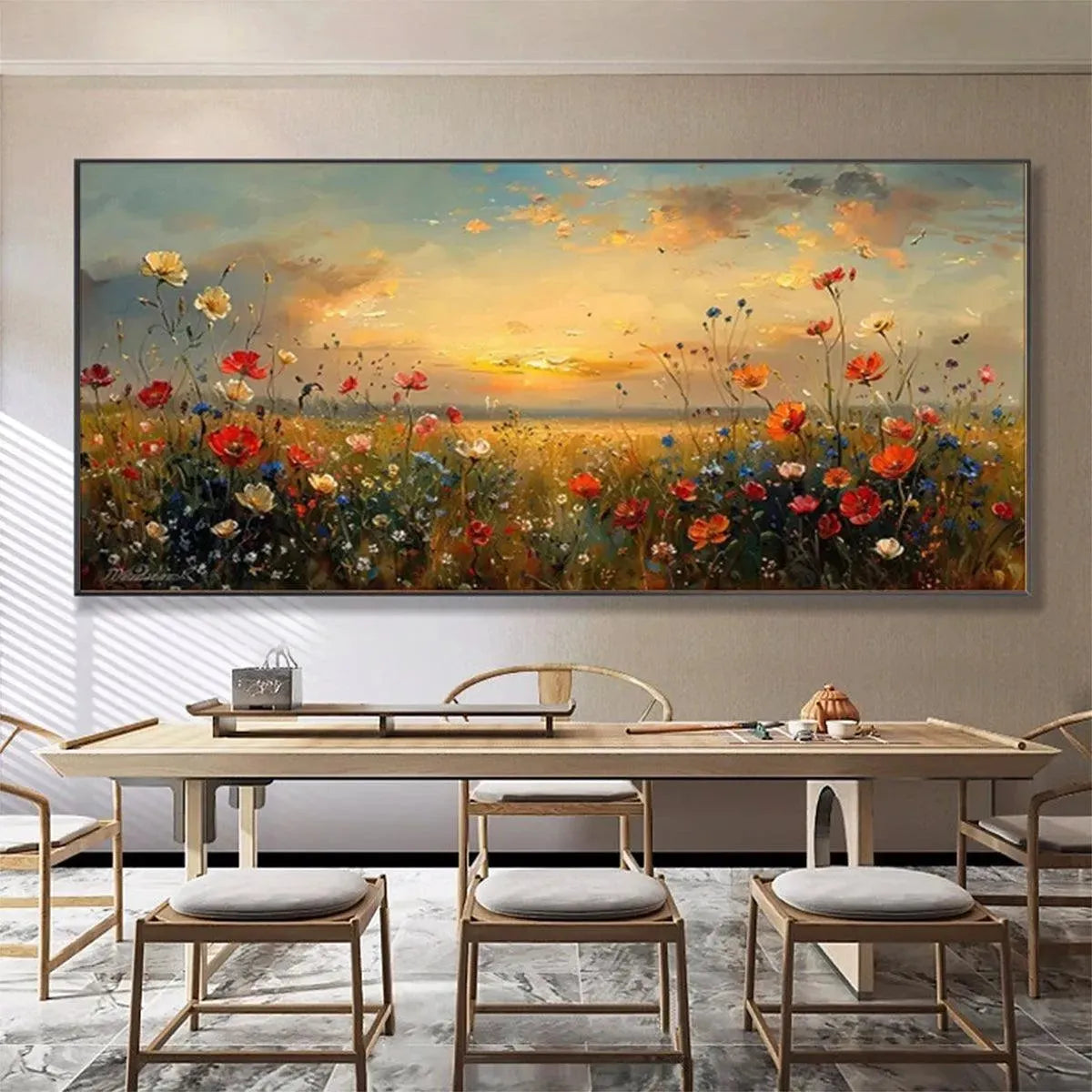 Sunset Field: Vibrant oil painting of a colorful wildflower meadow at sunset. Liam O'Connell artwork for home decor.