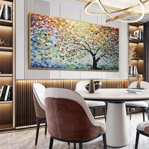 RAINBOW TREE painting by Liam O'Connell: Vibrant impasto tree with multicolored leaves. Original art for home decor.