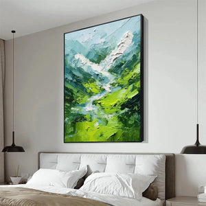 Emerald Valley abstract green mountain painting by Willow Davies, textured impasto, bedroom context.