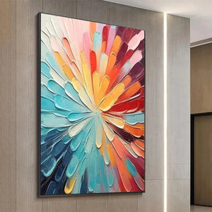 Colorful Radiance abstract art, textured impasto with vibrant radiating strokes, black frame, modern interior.