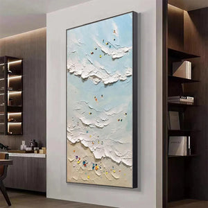 Summer Beach textured painting by Willow Davies: beach scene with surfers, swimmers, colorful umbrellas, original artwork.