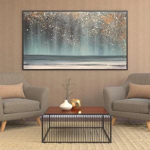 Aurora Dust abstract ocean painting by Willow Davies. Gold and textured ocean art, modern decor, above sofa.