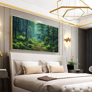 Forest Path painting by Liam O'Connell, a sunlit green forest trail with moss above a bed in a bedroom.