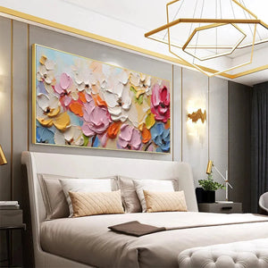 Spring Bouquet impasto painting: textured pastel rainbow flowers in gold frame, horizontal artwork in bedroom.