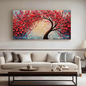 HEART TREE painting by Willow Davies: Textured impasto art with red heart-shaped leaves, perfect for living room decor.