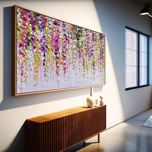 Wisteria Cascade by Elodie Dubois: Impasto floral art in pink, purple, and green hues; modern wall decor.