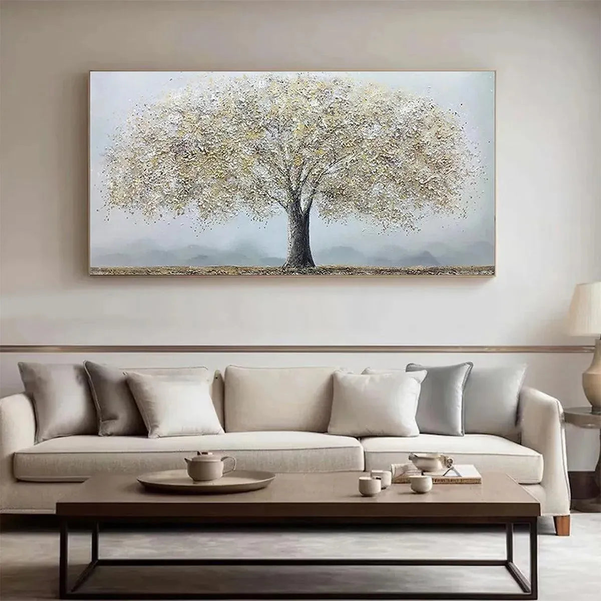 Golden Tree painting by Javier Ramirez: Textured gold and grey art. Modern decor for serene living spaces.