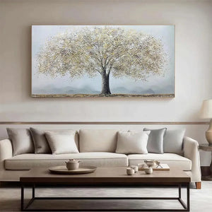 Golden Tree painting by Javier Ramirez: Textured gold and grey art. Modern decor for serene living spaces.