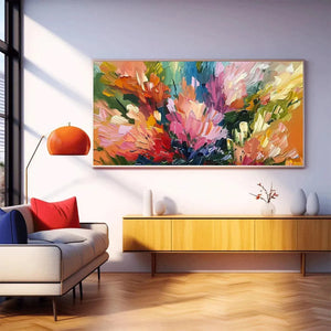 Elodie Dubois 'Summer Bouquet' vibrant impressionistic floral art with impasto strokes, in modern living room.