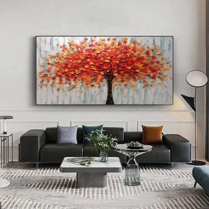 Autumn Fire textured impasto oil painting featuring vibrant orange and red tree in modern living room setting.
