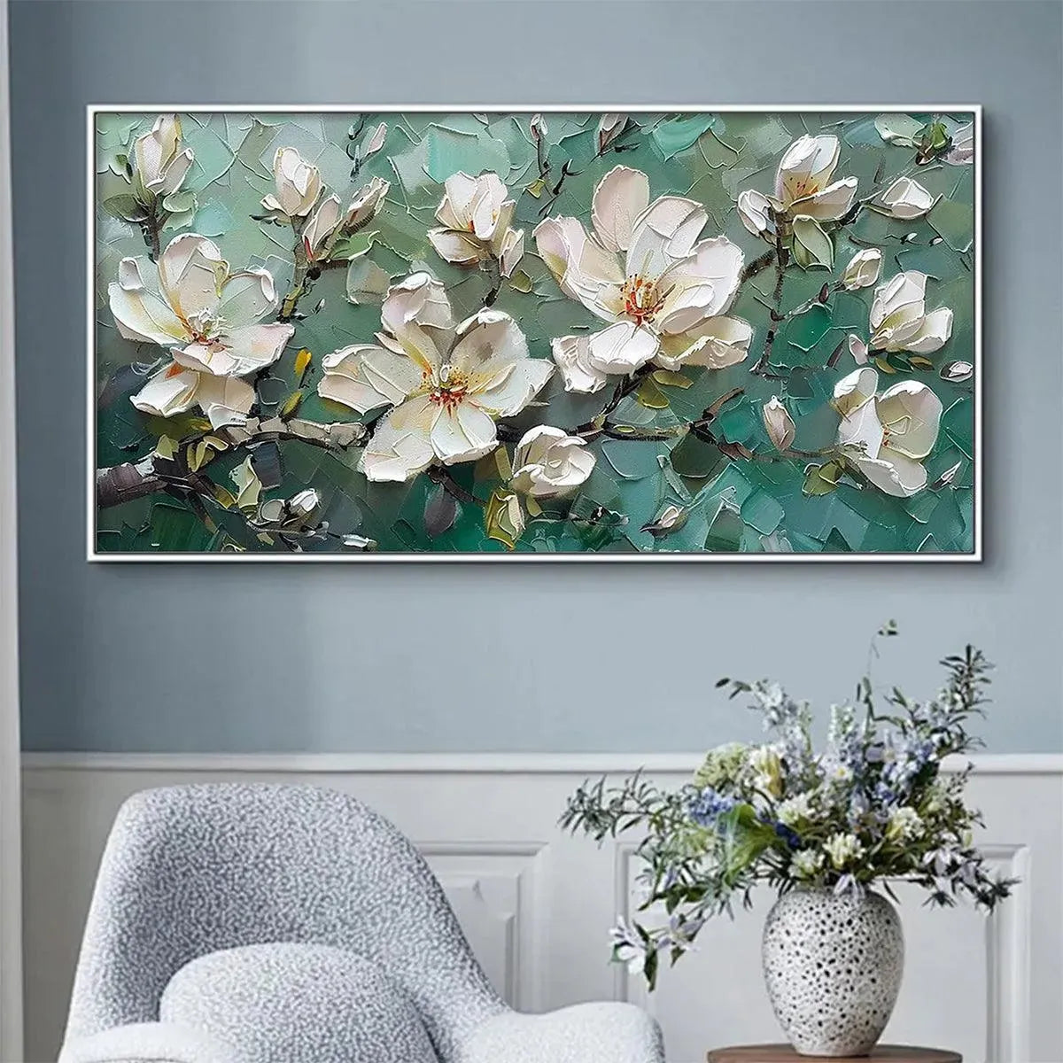 JADE MAGNOLIAS impasto painting: thick texture white magnolias on teal background, horizontal artwork for living room decor.