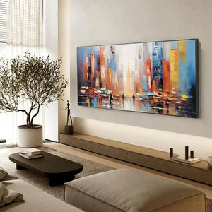 City Market original oil painting - colorful abstract cityscape wall art in modern living room.