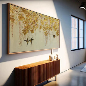 Golden Garden painting: golden leaves, birds, by Chen Liu, displayed above a console in a modern room.