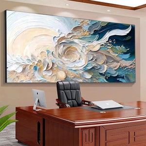 Oceanic Bloom abstract textured impasto painting: swirling beige, blue, white, green, evoking ocean waves in a room setting.
