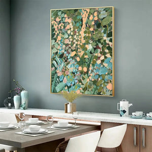 Vertical abstract floral painting 'Enchanted Garden', green, blue, peach, impressionistic, in dining room.