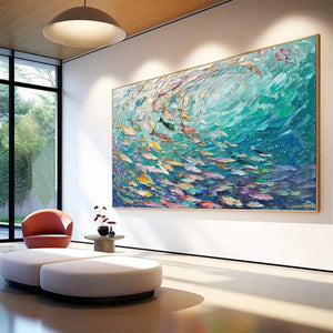 Ocean Currents abstract impasto painting: school of fish in vibrant blue-green water, shown in a lifestyle setting.