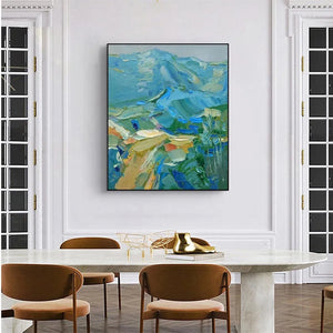 Blue Ridge Mountains textured impasto painting by Isabella Rossi, displayed in a modern dining room setting.
