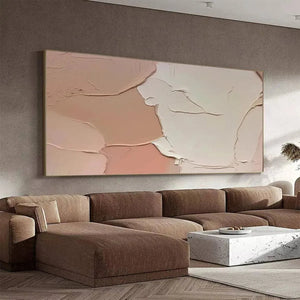 Liam O'Connell abstract painting, horizontal textured impasto in beige, cream and pale rose, modern living room context.