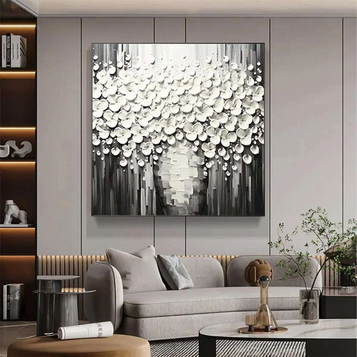 Textured white floral painting 'White Bouquet' by Liam O'Connell, impasto on grey background in a living room.