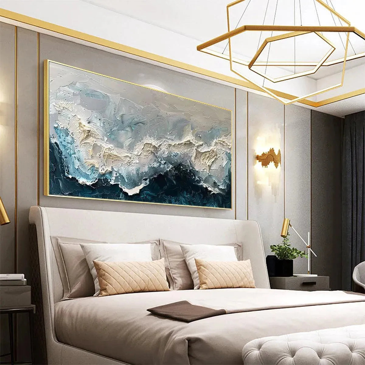 FROZEN MOTION abstract waterscape painting by Liam O'Connell, textured teal, white, and blue artwork, bedroom decor.