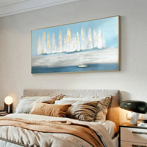 'Golden Sails' abstract seascape with white & gold textured sails, modern bedroom decor.