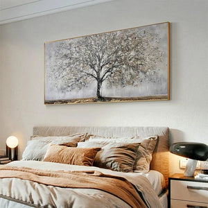 Horizontal Silver Birch textured grey and gold tree artwork, framed and displayed above a bed in a modern bedroom.