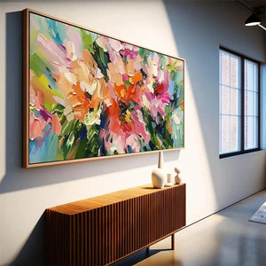 Blushing Blooms impasto floral painting in pink, orange, green hues, above wood console in modern sunlit home.
