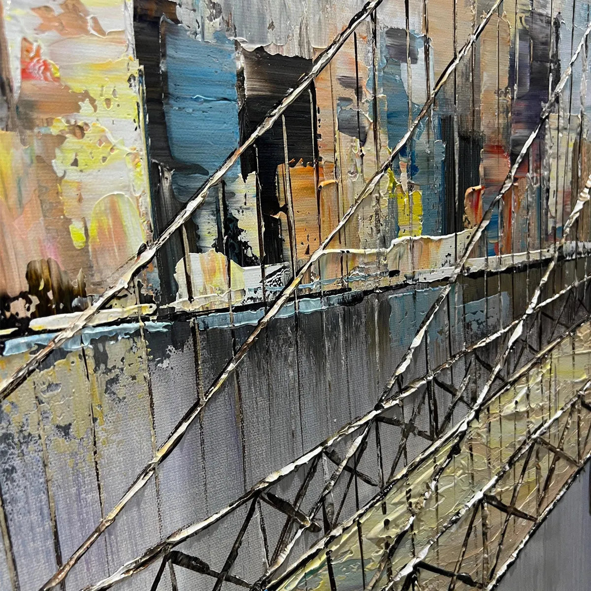 URBAN CONNECTIVITY: Panoramic Cityscape Oil Painting with Bridge