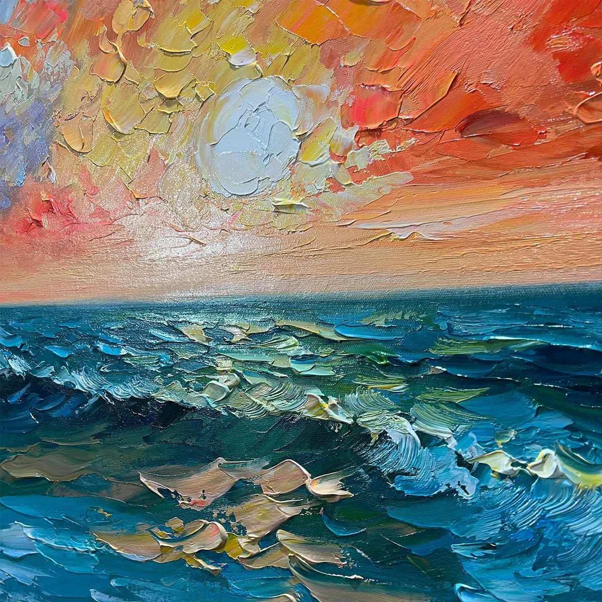 Detailed impasto ocean sunset painting showing vibrant orange sky, pale sun, and highly textured blue-green waves.
