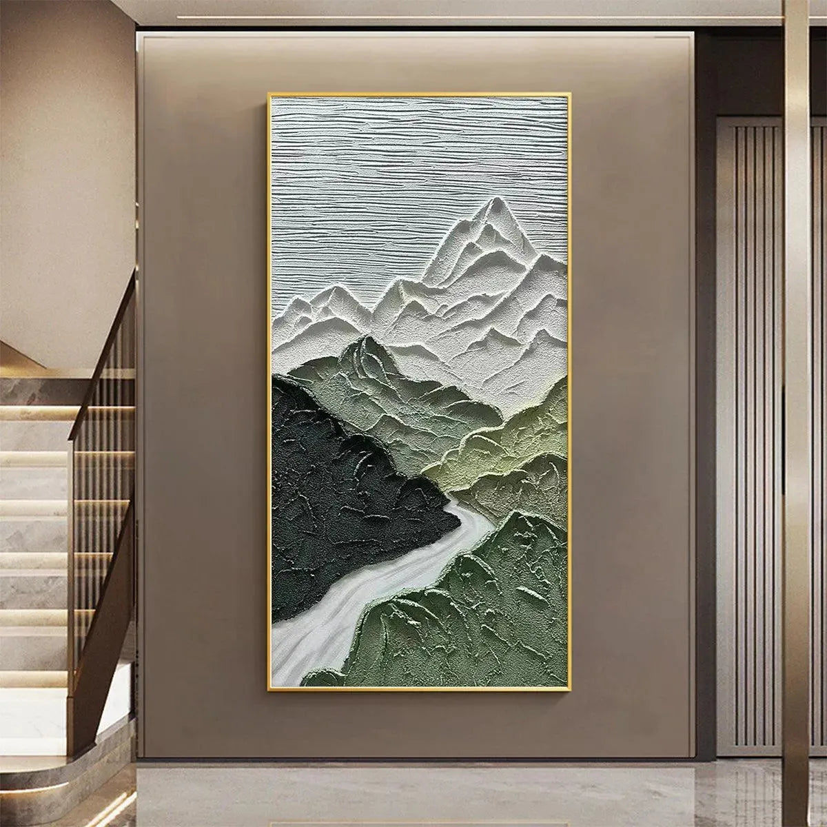 JADE PEAK textured vertical painting: Impasto green and white mountains with winding river, displayed in a modern hallway.