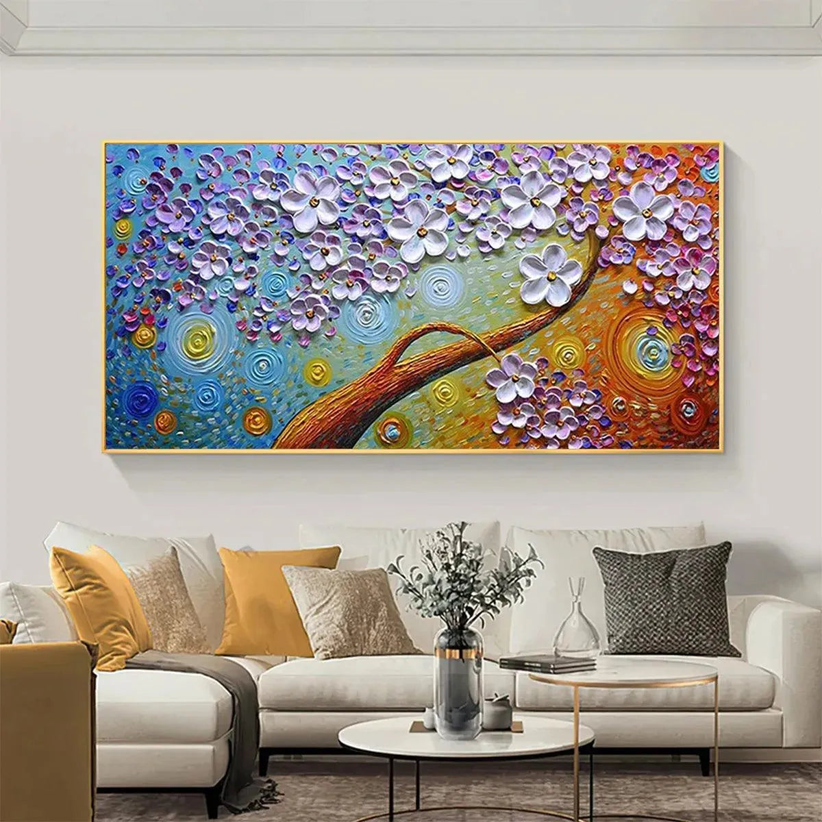 Lilac Dream textured oil painting with white blossoms on golden branch, colorful swirled background in modern living room.