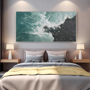 TURQUOISE CRASH abstract seascape painting by Liam O'Connell, teal and black textured waves, framed artwork above bed.