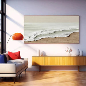 Serene Shore coastal landscape painting by Liam O'Connell, beige waves, sandy beach, framed; perfect for living room.