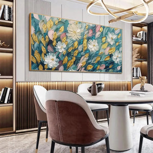 Elodie Dubois Golden Garden painting: Teal, gold, pink floral artwork in a gold frame.