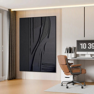 Javier Ramirez Black Textured Lines and Curves painting, minimalist abstract, textured black lines, modern office wall art.