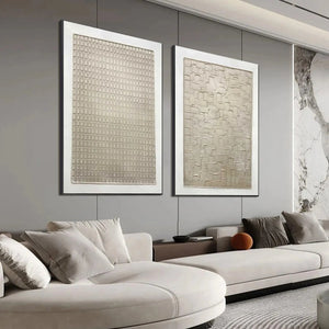 Textured Beige Grid Set of 2 by Javier Ramirez, minimalist beige textured art for modern home decor.