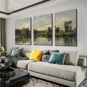 Chen Liu Riverside Triptych - Set of 3 Chinese landscape paintings, framed artwork. Riverside view for home decor.