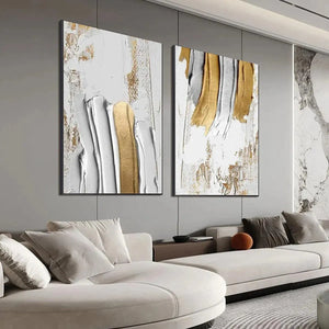 GOLDEN LINES DIPTYCH: Textured vertical art set of 2, gold, silver, white impasto paintings in living room.