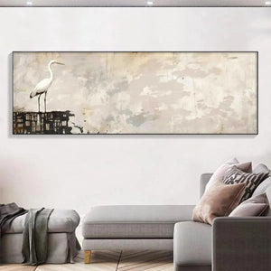 White Heron Panoramic artwork showcasing a heron on a textured background in a modern living room setting.