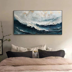 Ocean Dream painting by Liam O'Connell: abstract ocean waves in blue, white, and gold, framed. Bedroom art.