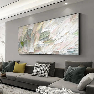 Pink Whispers painting by Elodie Dubois, framed. Textured abstract art in pink, white, green, for elegant decor.