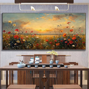 Liam O'Connell "Sunset Field" painting, colorful wildflower field at sunset, framed artwork for home decor, vibrant colors.