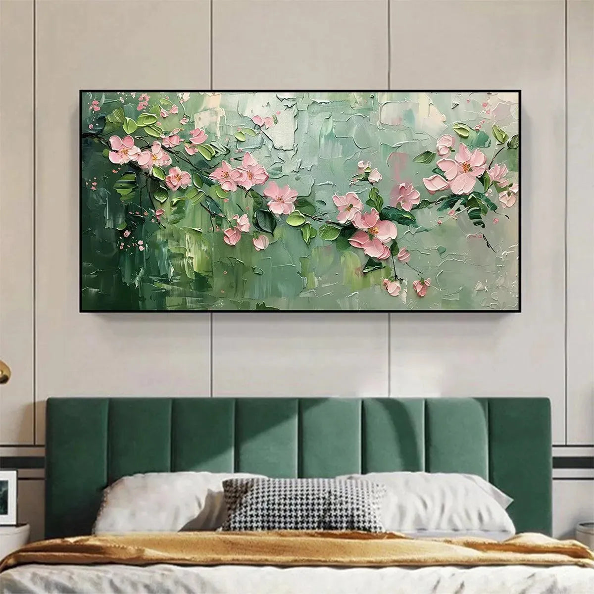 Textured pink cherry blossom impasto painting, "Spring Blossom" by Elodie Dubois, green background, tactile floral art.