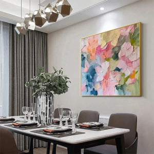 Pastel Dream painting by Willow Davies in a dining room, featuring textured brushstrokes and a soft pastel color palette.