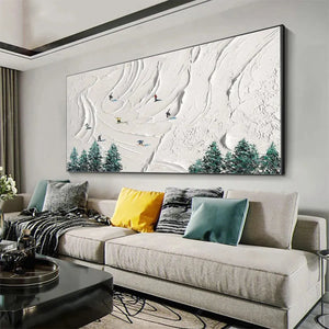 SNOWY PEAKS painting by Javier Ramirez, minimalist winter landscape with skiers on a textured white mountain canvas.