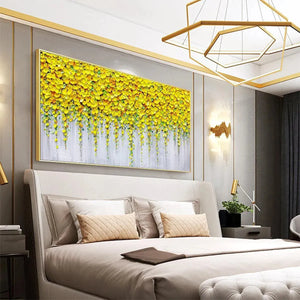Golden Cascade painting by Elodie Dubois, yellow textured floral art on grey background, gold frame, bedroom decor.